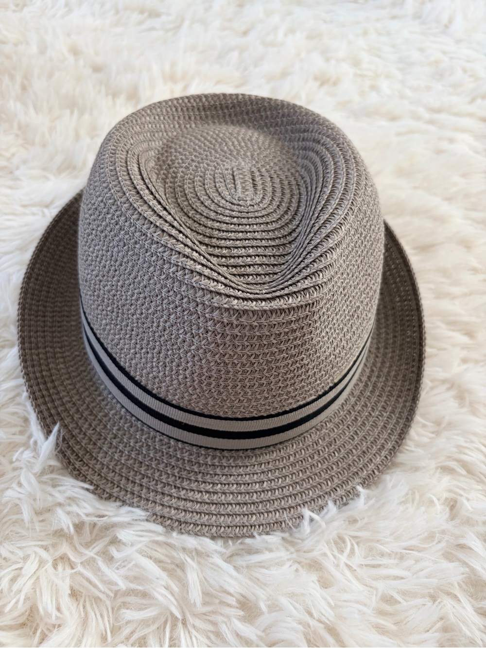 Saks Fifth Avenue Light Gray Straw Fedora with Black-Trim Band